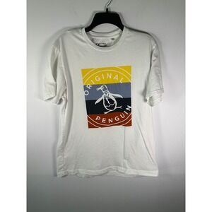 Original Penguin Shirt Mens L Graphic Logo Cotton White Multicolor Crew Neck